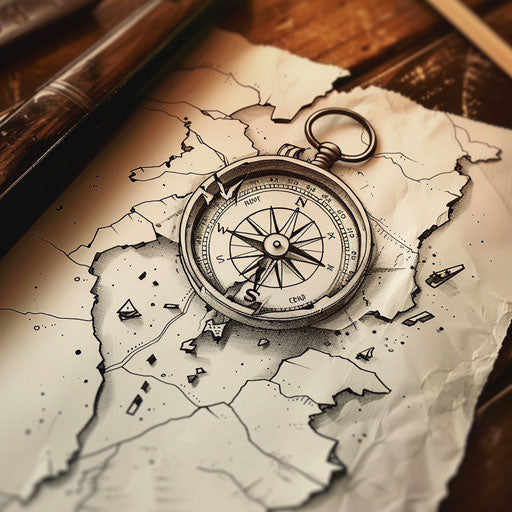 Flat tattoo sketch of a compass and map, symbols of adventure