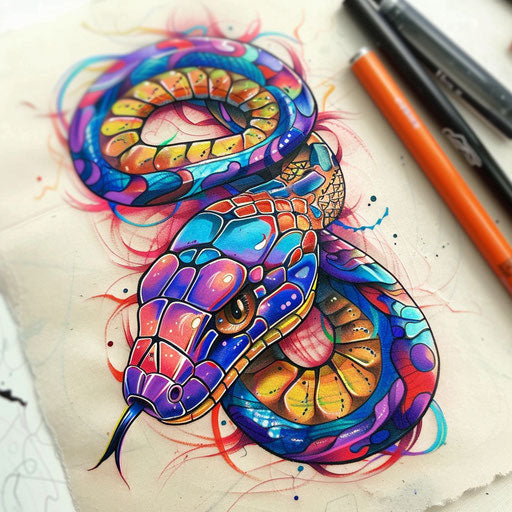 Whimsical cobra tattoo sketch with cartoonish features and bright colors