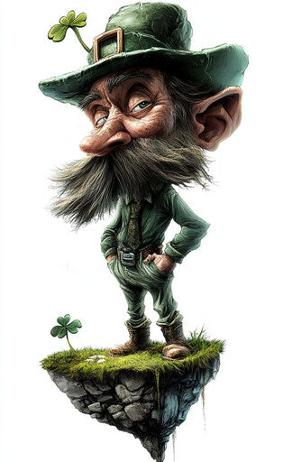 Caricatured leprechaun in the style of Tiago Hoisel, playful portraits, high resolution, full-body portrait, white background 29:47