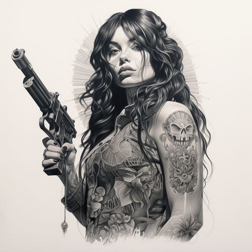Woman with a gun in detailed cross-hatching style
