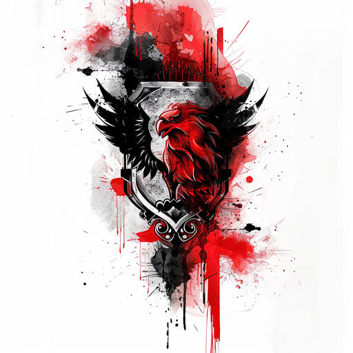 Bold tattoo design of Roman crest in red and black ink on white