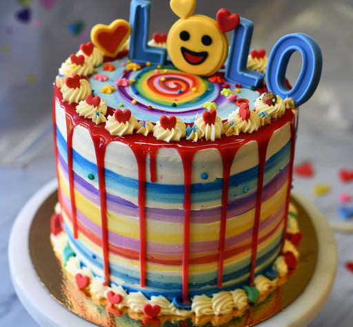 White cake with rainbow icing and emojis LOL