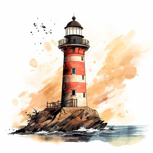 Lighthouse drawing in the Chiaroscuro Art style, on white background
