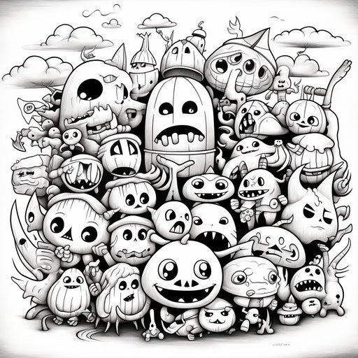 Halloween coloring page with cartoon characters, expressionistic style, monochromatic white figures