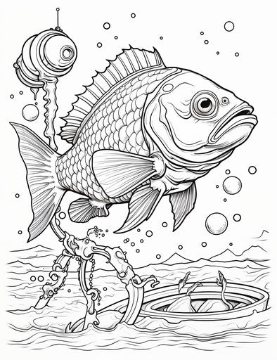 A fish with the hook on a fish coloring page