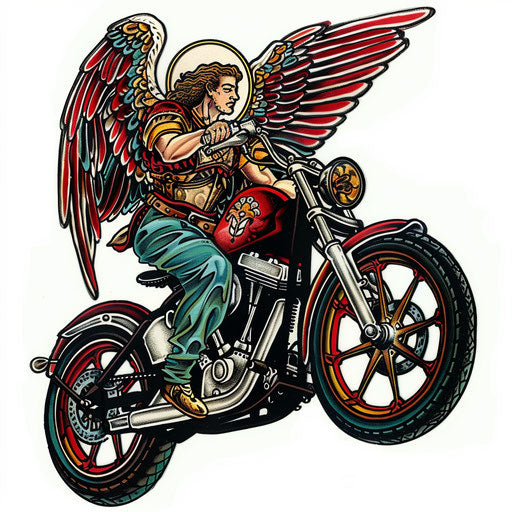 Archangel Michael on classic motorcycle, rich in colors