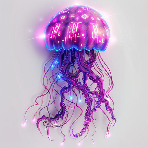 Cyberpunk jellyfish with neon tentacles on white background