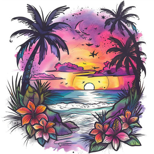 Beach party scene with palm trees and sunset