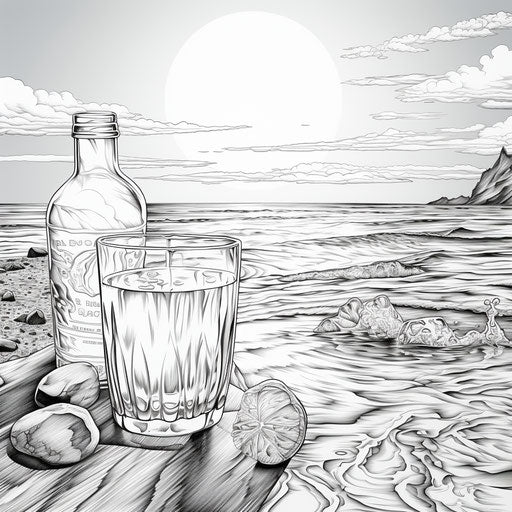 Beach coloring for kids, captivating topographic style black and white