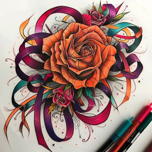 Vibrant sketch of a gypsy rose with colorful ribbons