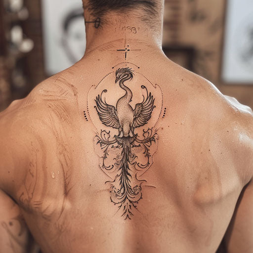 Bold flat tattoo sketch of a phoenix rising from flames in a magical display