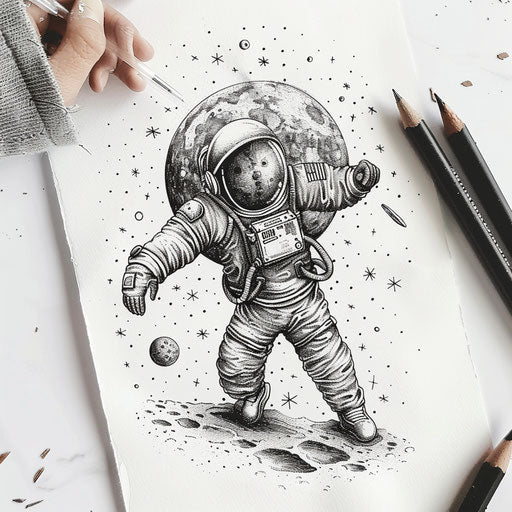 Cosmic tattoo design of an astronaut touching a moon surrounded by stars