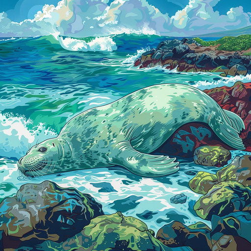 Hawaiian monk seal on rocky shore with clear waves