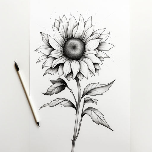 An illustrative drawing of a sunflower in a minimalistic black and white style