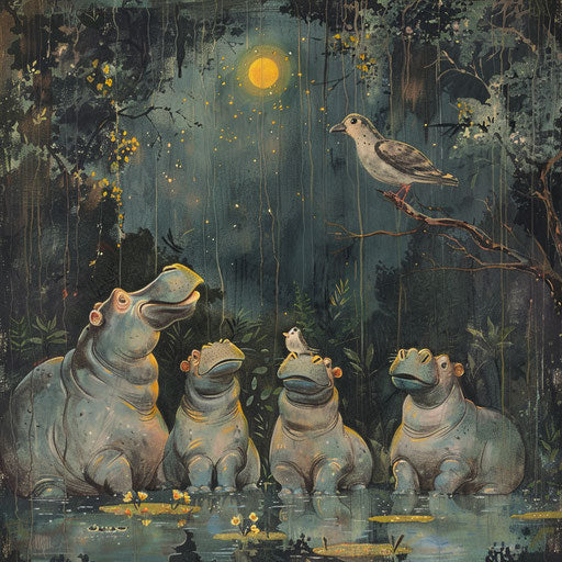 Gathering of hippos to listen to a bird's song