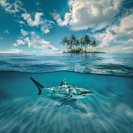 White shark swimming in turquoise waters near a tropical island