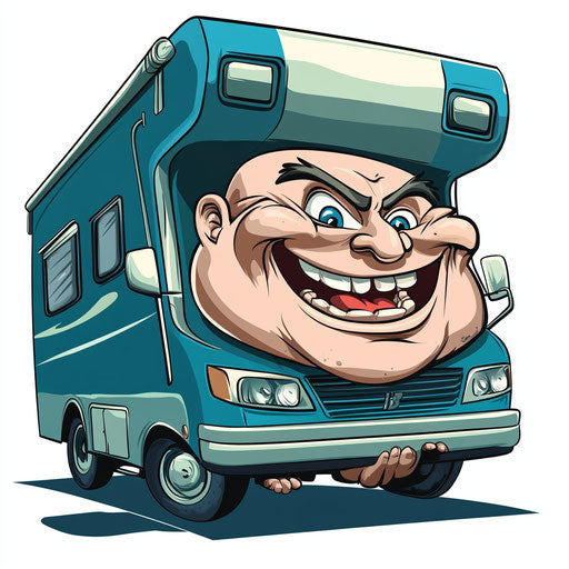 Humorous caricature of a camper with exaggerated human characteristics