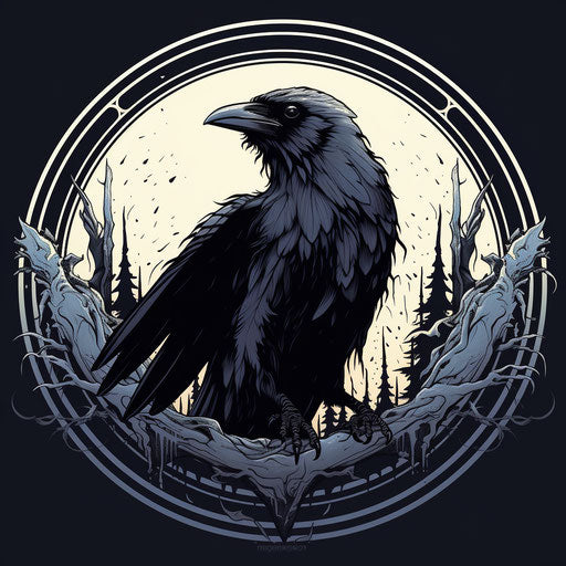 Stylized raven black print, circular wing tattoo illustration