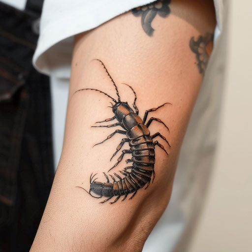 Hyper-realistic centipede tattoo with shadows and highlights