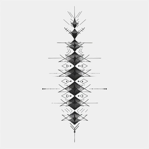 Bold geometric spine tattoo pattern in black ink on white background