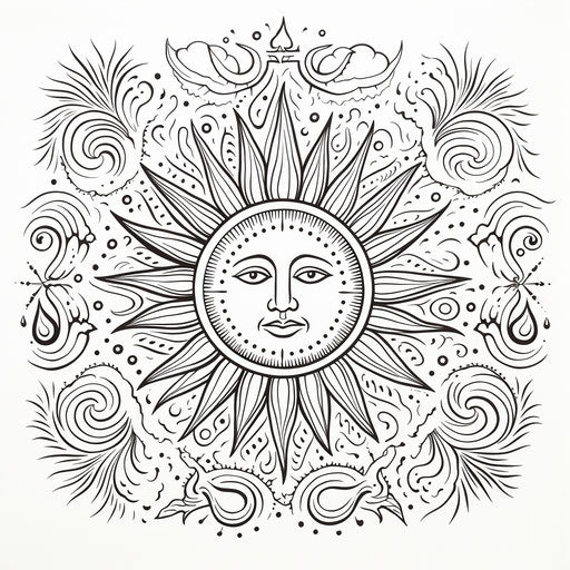 Sun coloring page, hand-drawn elements style