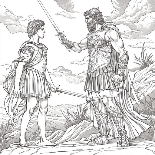 David and Goliath in elegant flowing garments, Megan Hess style
