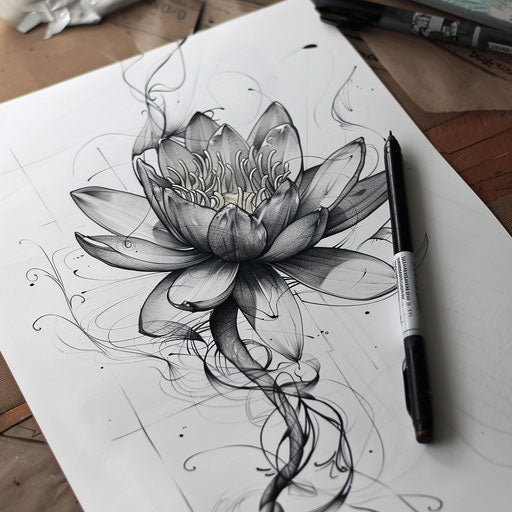 Surreal water lily tattoo blending flower and fantasy elements
