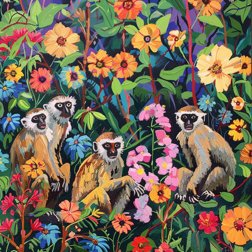 Vervet monkeys foraging among savannah wildflowers