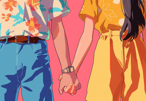 Two men and a woman holding hands, animated expressions style