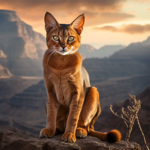 Abyssinian cat in front of mountain scenery