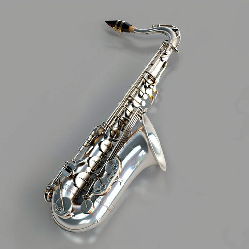 Flat, metallic silver background supporting a realistic saxophone