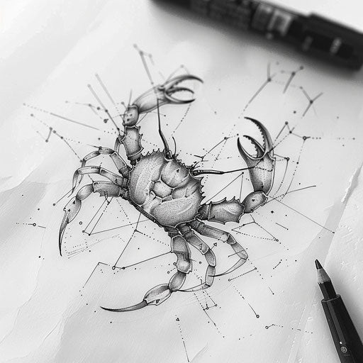 Monochrome Cancer Constellation tattoo sketch with shading and depth