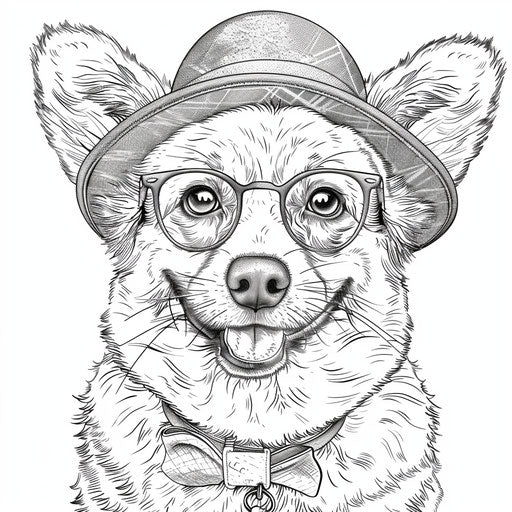 Scholarly corgi in hat and glasses