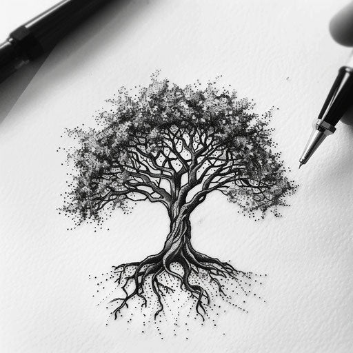 Dotwork tree of life, depth and texture, white background