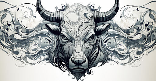 Elaborate tattoo of a bull head in futuristic organic style