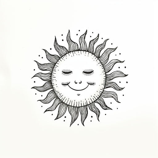 A smiling sun in child's drawing style in black and white