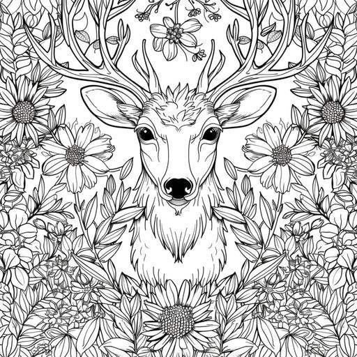 Intricate design with deer surrounded by foliage and flowers. Coloring page