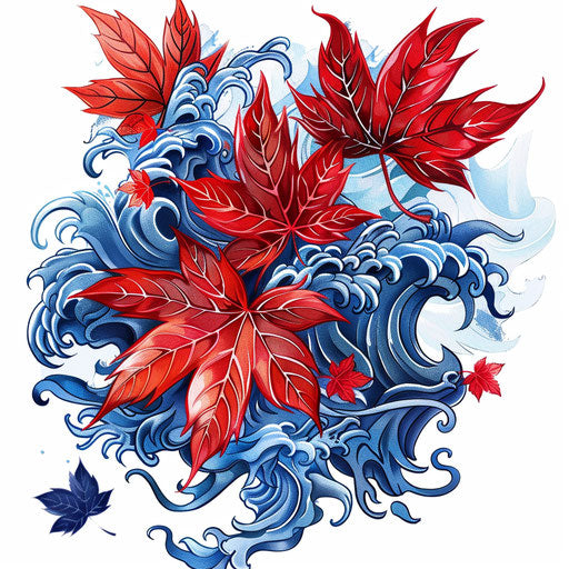 Traditional Japanese tattoo design of maple leaf with waves