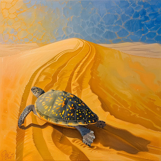 Yellow spotted turtle's journey across a sandy dune to reach a secluded desert oasis
