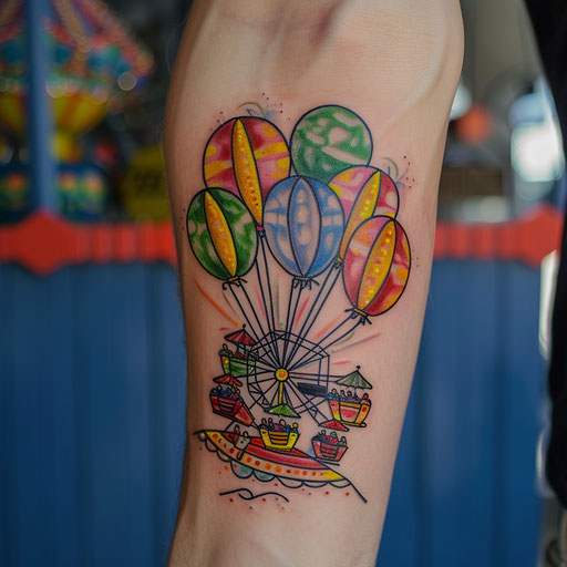 Colorful carnival scene with ferris wheel and balloons