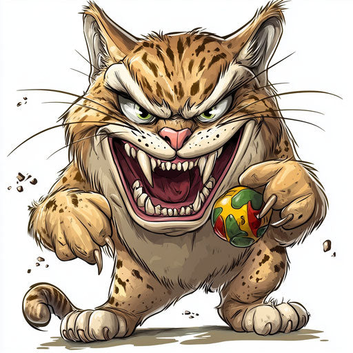 Humorous caricature of a wildcat clipart with human characteristics playing with a toy
