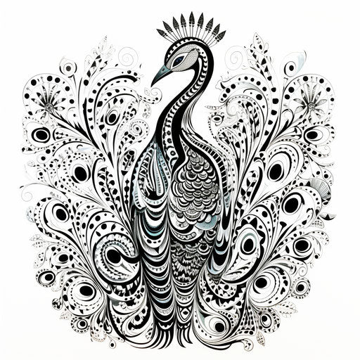A black and white doodle of a peacock with intricate patterns