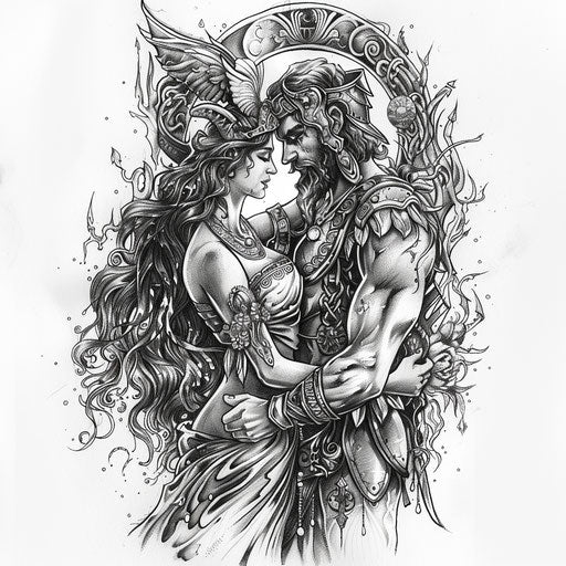 Zeus and Hera in a loving embrace, surrounded by symbols of their domains, in a romantic yet powerful tattoo design. The tattoo should be displayed on a white background not skin.