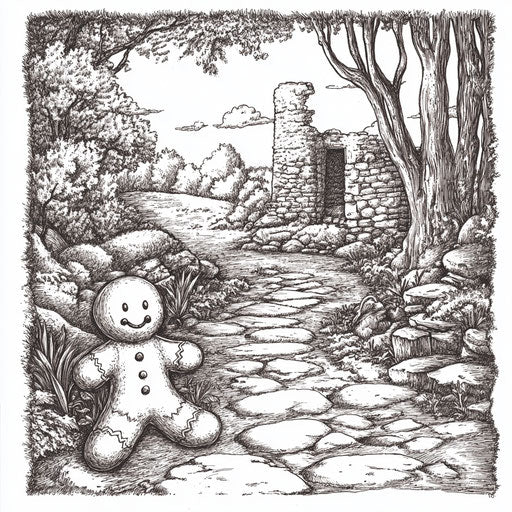 A serene gingerbread man in a tranquil environment, in the style of Edward Julius Detmold, Coloring book page.