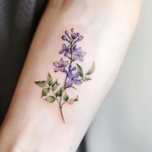 Elegant lilac tattoo design with soft purple and green hues