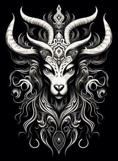 Black and white design with tribal elements, biomorphic style