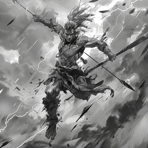 Energetic tattoo sketch of Baldur mid-leap with spear, stormy skies backdrop, dynamic clipart style