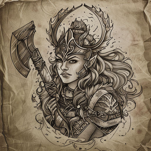 Vintage tattoo sketch of Freya with a traditional Norse shield and axe