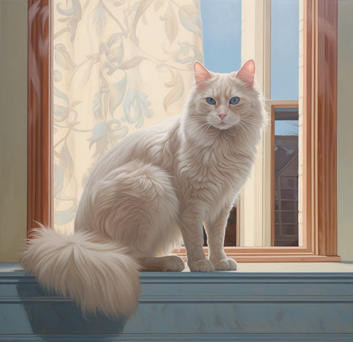 A large white and blue cat between two windows, in the style of light maroon and light beige, light beige and beige 28:27