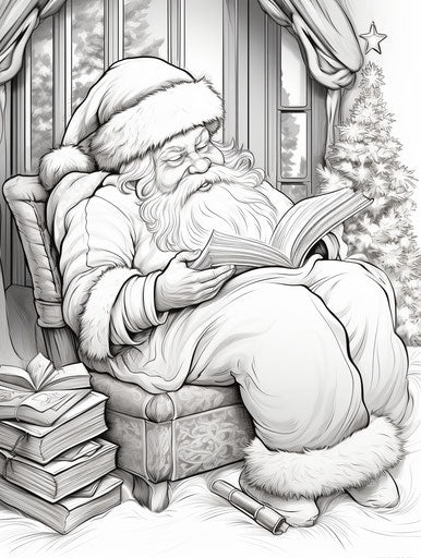 Christmas coloring pages Santa reading book in Nikon l35af style